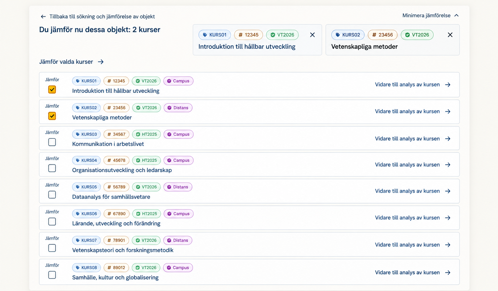 Course list with two evaluations selected using checkboxes and shown together in the comparison tray.