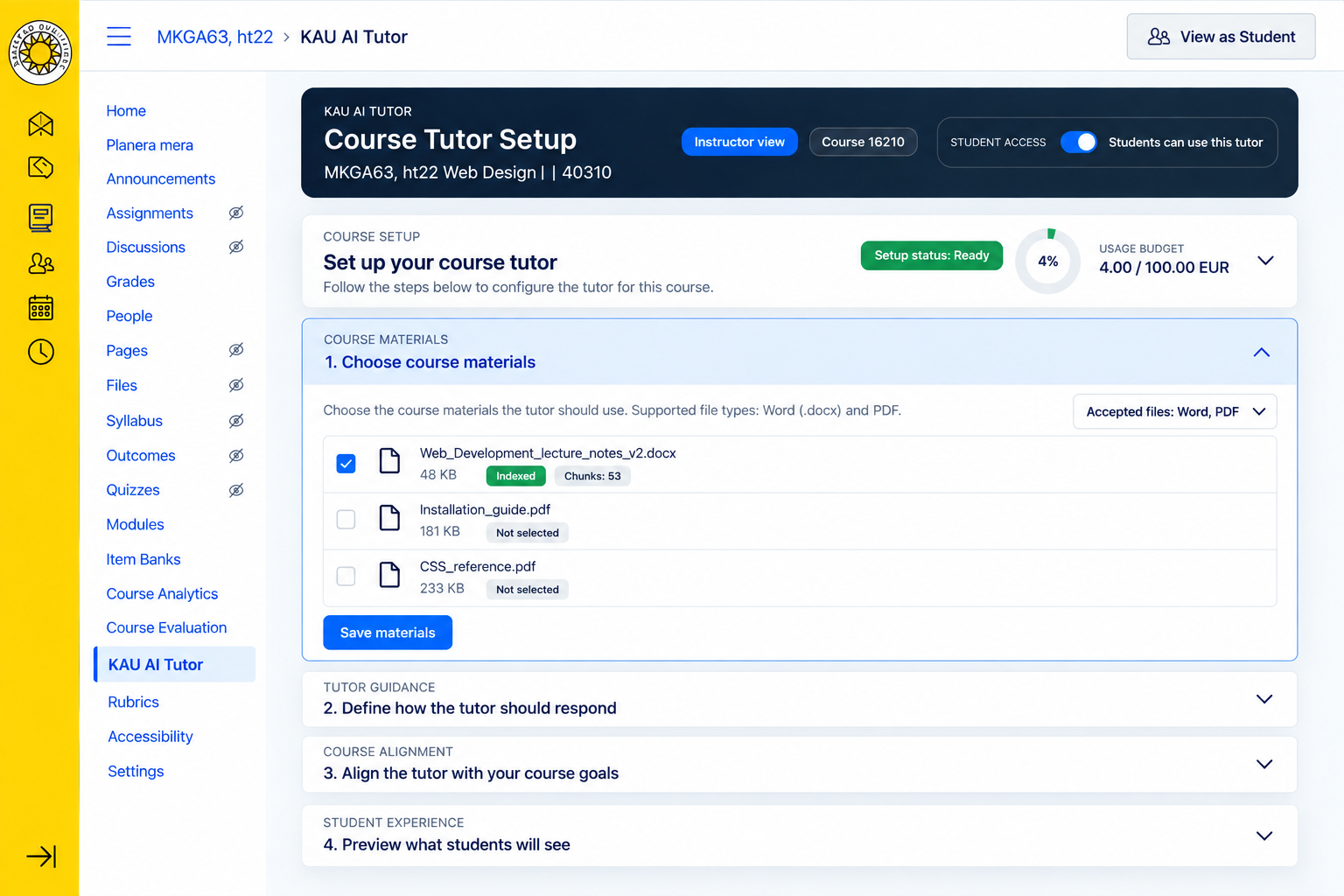 Portfolio representation of KAU AI Tutor in Canvas, with course-file selection and sections for tutor guidance, course goals and preview.