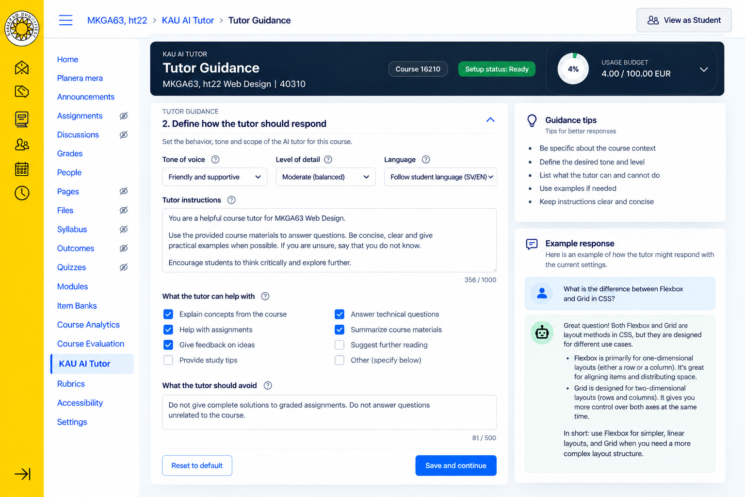 Tutor guidance settings for tone, detail and language, with instructions, supported tasks, boundaries and an example response.