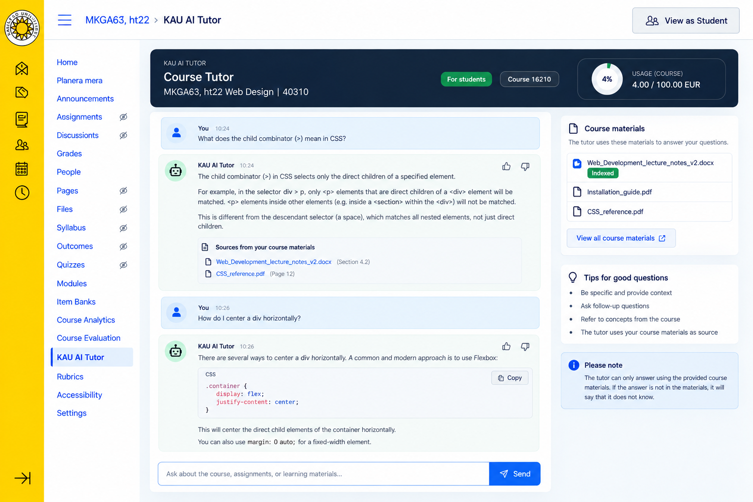 Instructor preview of a course conversation inside Canvas, showing answers, course-source references and a question input.