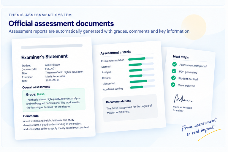 Conceptual assessment documents showing an examiner’s statement, assessment criteria and generated report outputs.